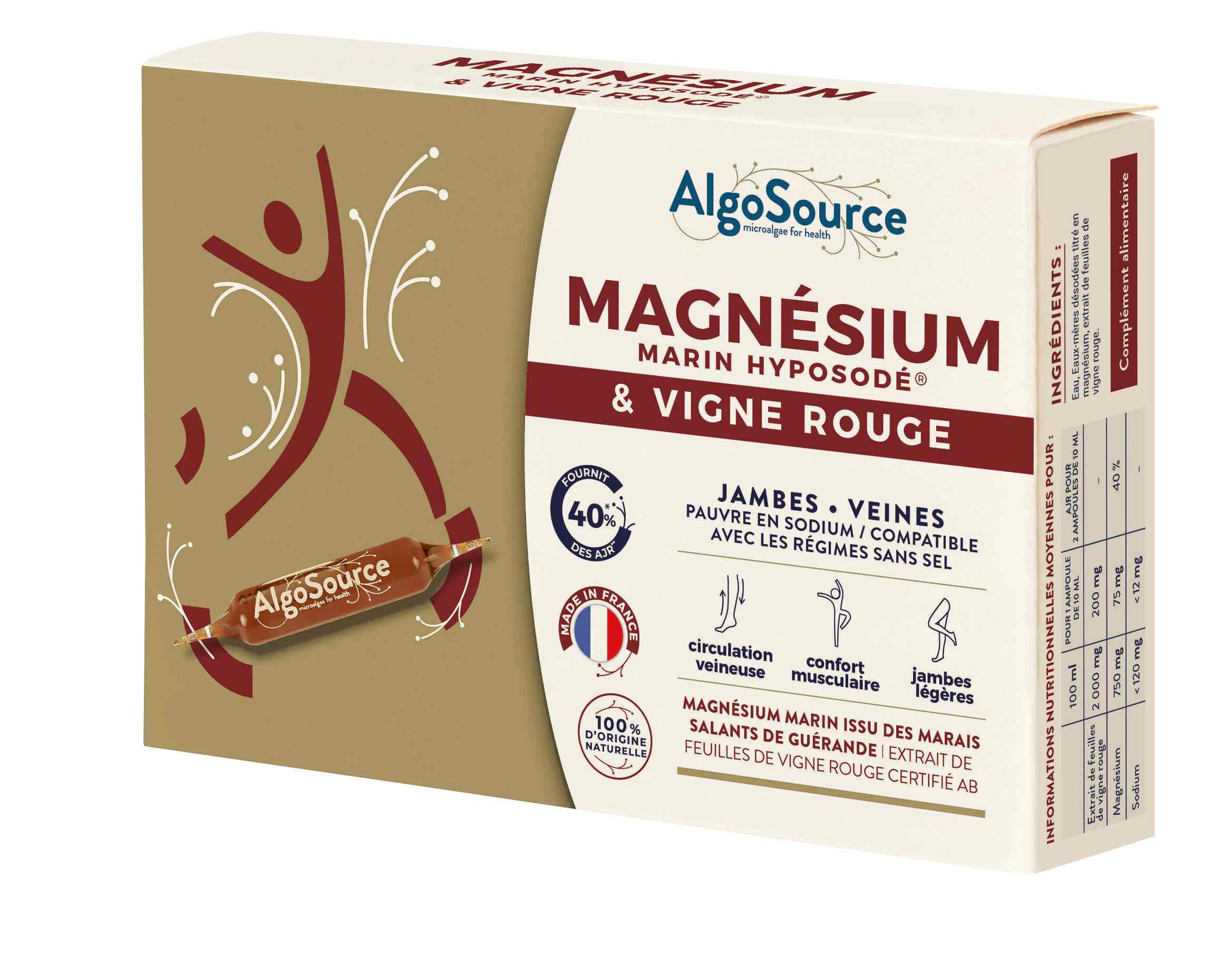AlgoSource, Magnésium Marin Hyposodé et Vigne Rouge, 20 ampoules de 10ml
