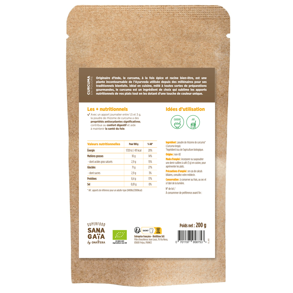 Curcuma poudre bio, Superfood Sana Gaïa by Onatera 200g – Image 2