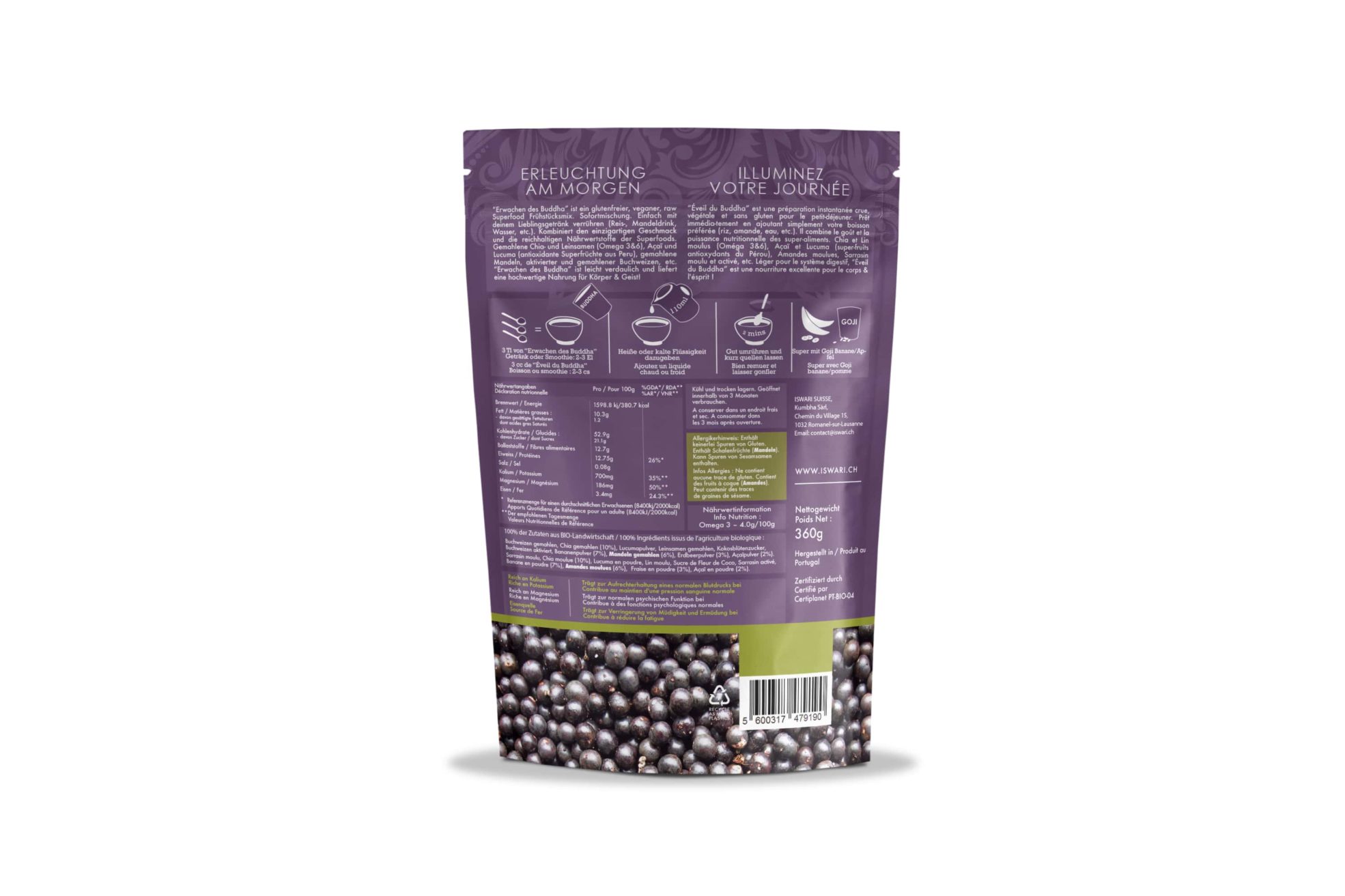 Iswari Super Petit Déjeuner Açaï, Banane et Fraise BIO, 360gr – Image 2