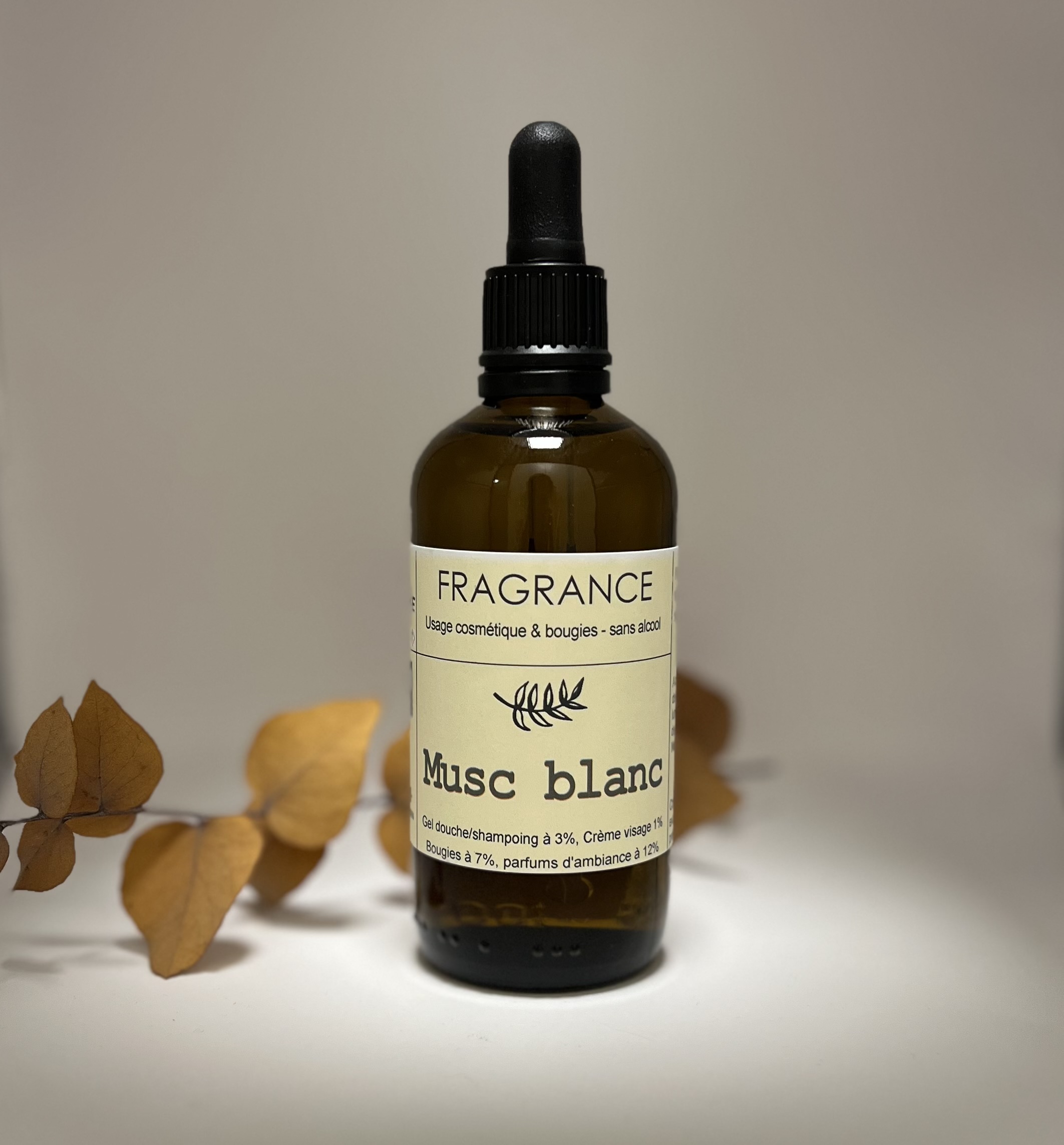 Fragrance, parfum conventionnel pour cosmétiques, savons et bougies, Musc Blanc en flacon de 100ml ou 20ml