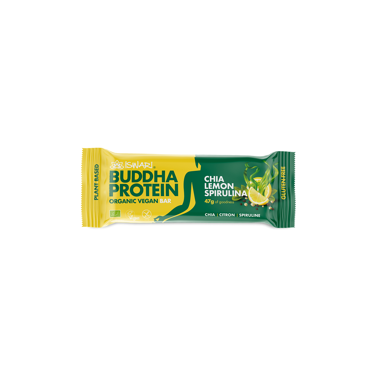 Iswari Buddha Barre proteinée sans gluten, Spiruline, Chia et Citron ou Cacao et amande, 47gr