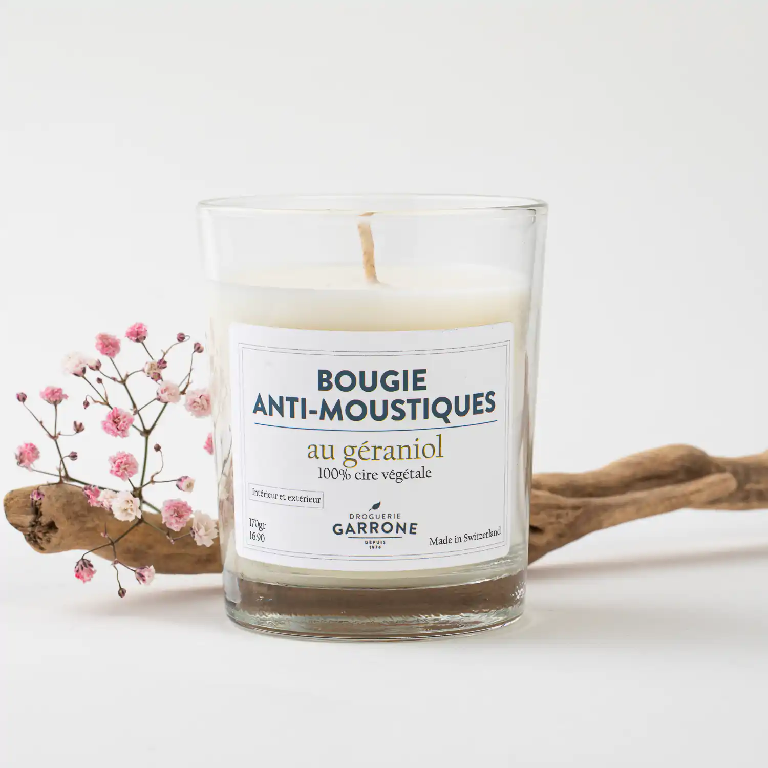 Bougie ANTI-MOUSTIQUES toute-puissante au GÉRANIOL, 100% végétale, 170gr