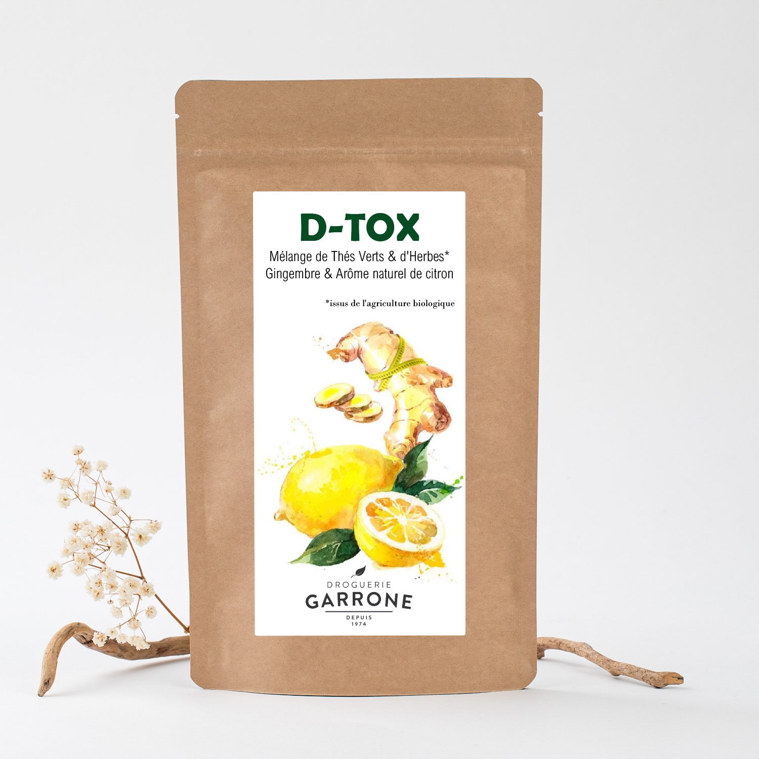 Tisane D-tox Supergreen, Mélange de Thés verts et d'Herbes, Gingembre et Arôme naturel de Citron, 100gr